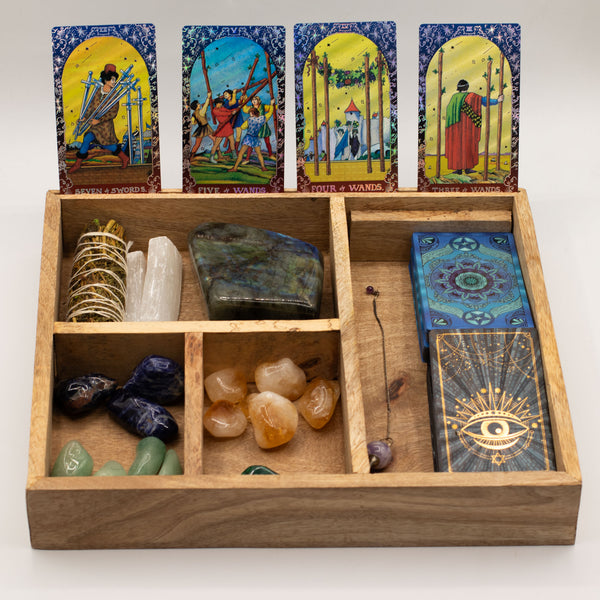 Four Section Tarot Box With Card Holder - Wood