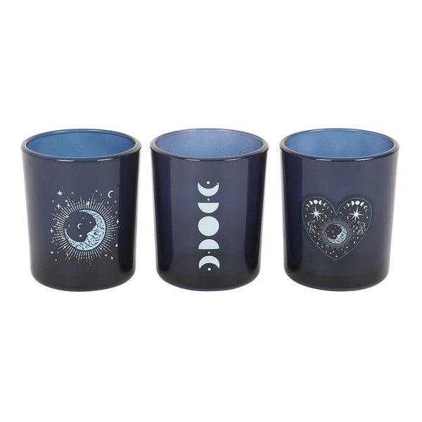 Set Of 3 Blue Moon Votive Candle Holders