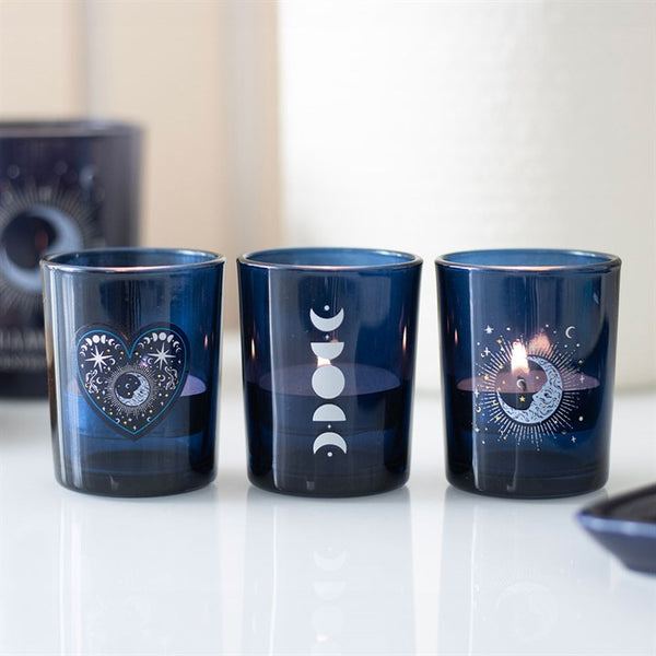 Set Of 3 Blue Moon Votive Candle Holders