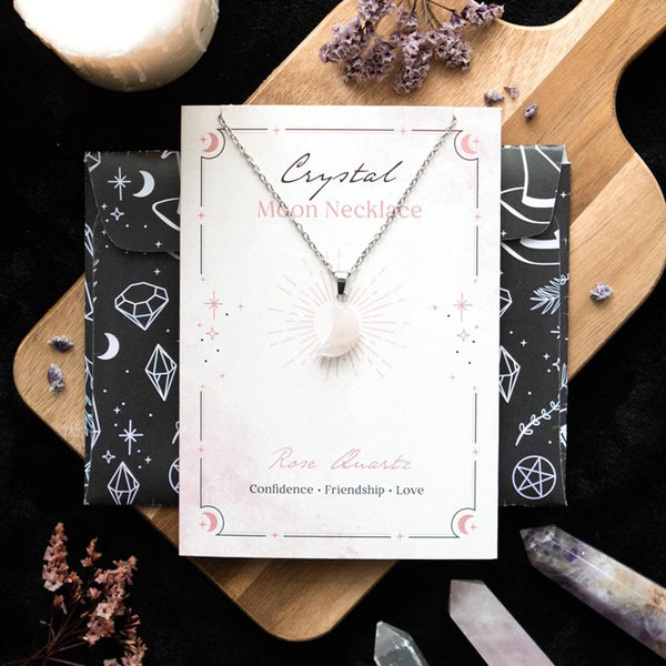 Rose Quartz Moon Necklace on Greetings Card