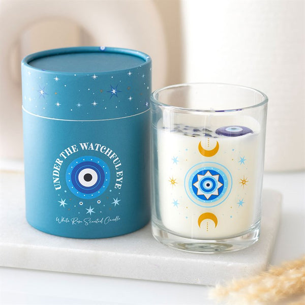 Under Watchful Eyes White Rose Candle With Crystal