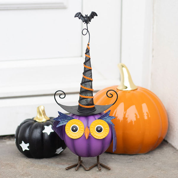 Purple Metal Owl Ornament With Witch Hat