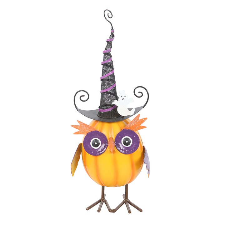Orange Metal Owl Ornament With Witch Hat And Ghost