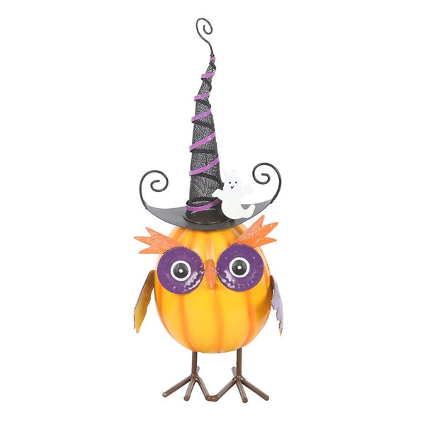 Orange Metal Owl Ornament With Witch Hat And Ghost