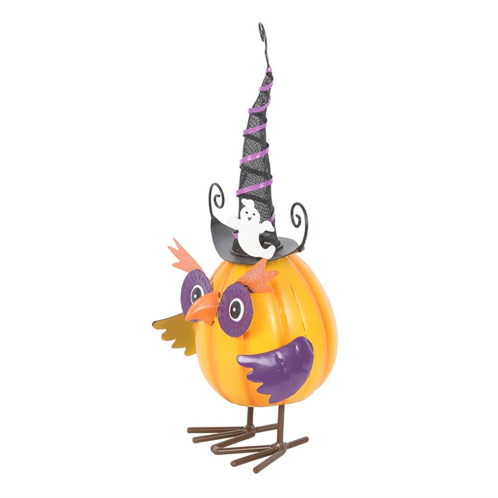 Orange Metal Owl Ornament With Witch Hat And Ghost