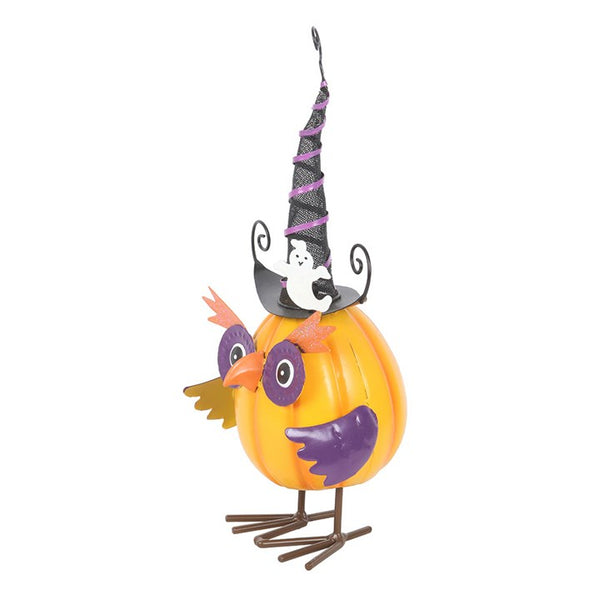 Orange Metal Owl Ornament With Witch Hat And Ghost