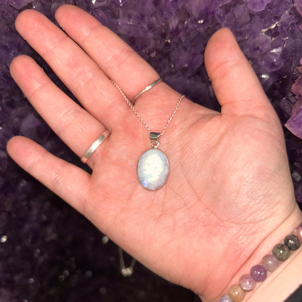 Blue Moonstone Oval Pendant & Chain