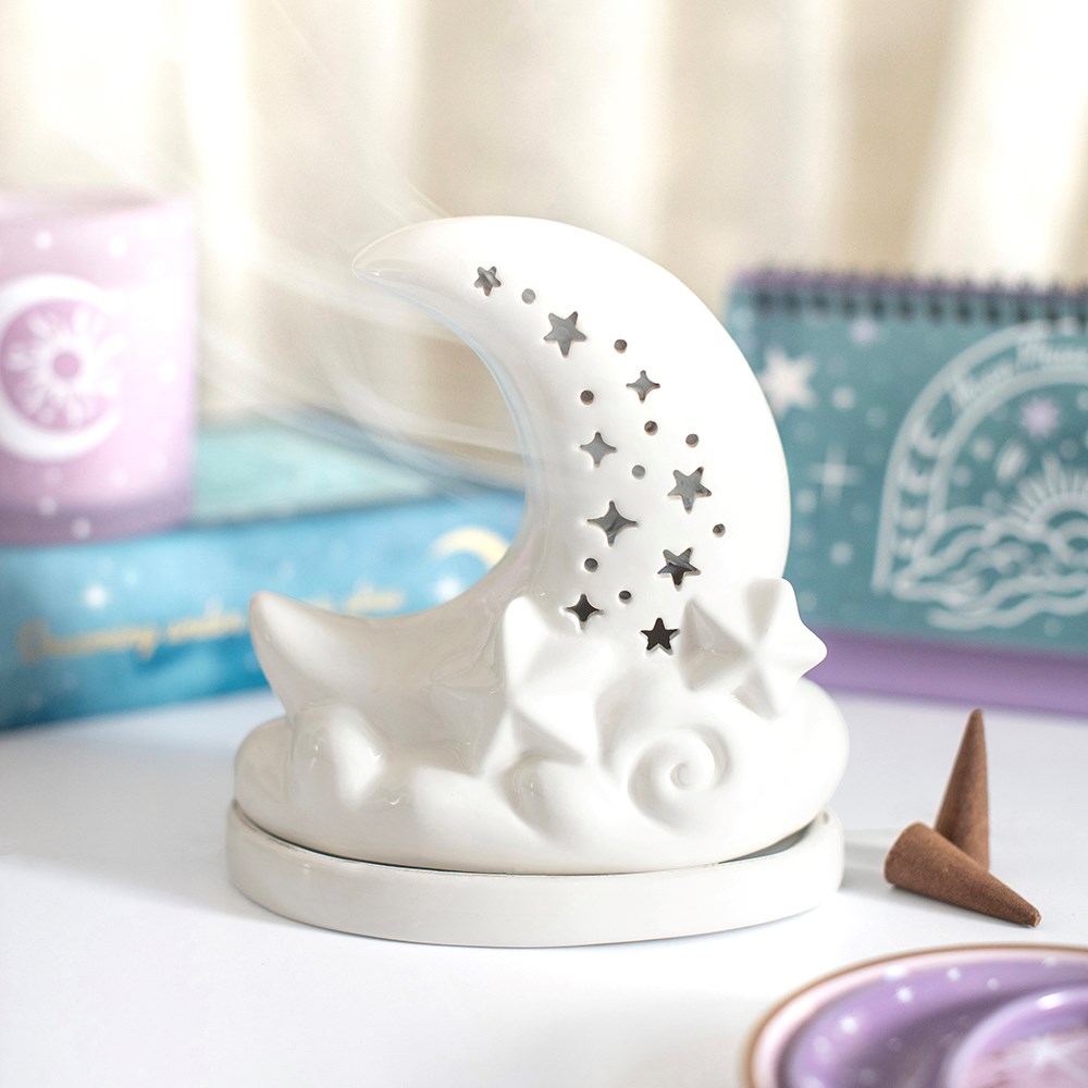 White Pastel Skies Moon Incense Cone Holder