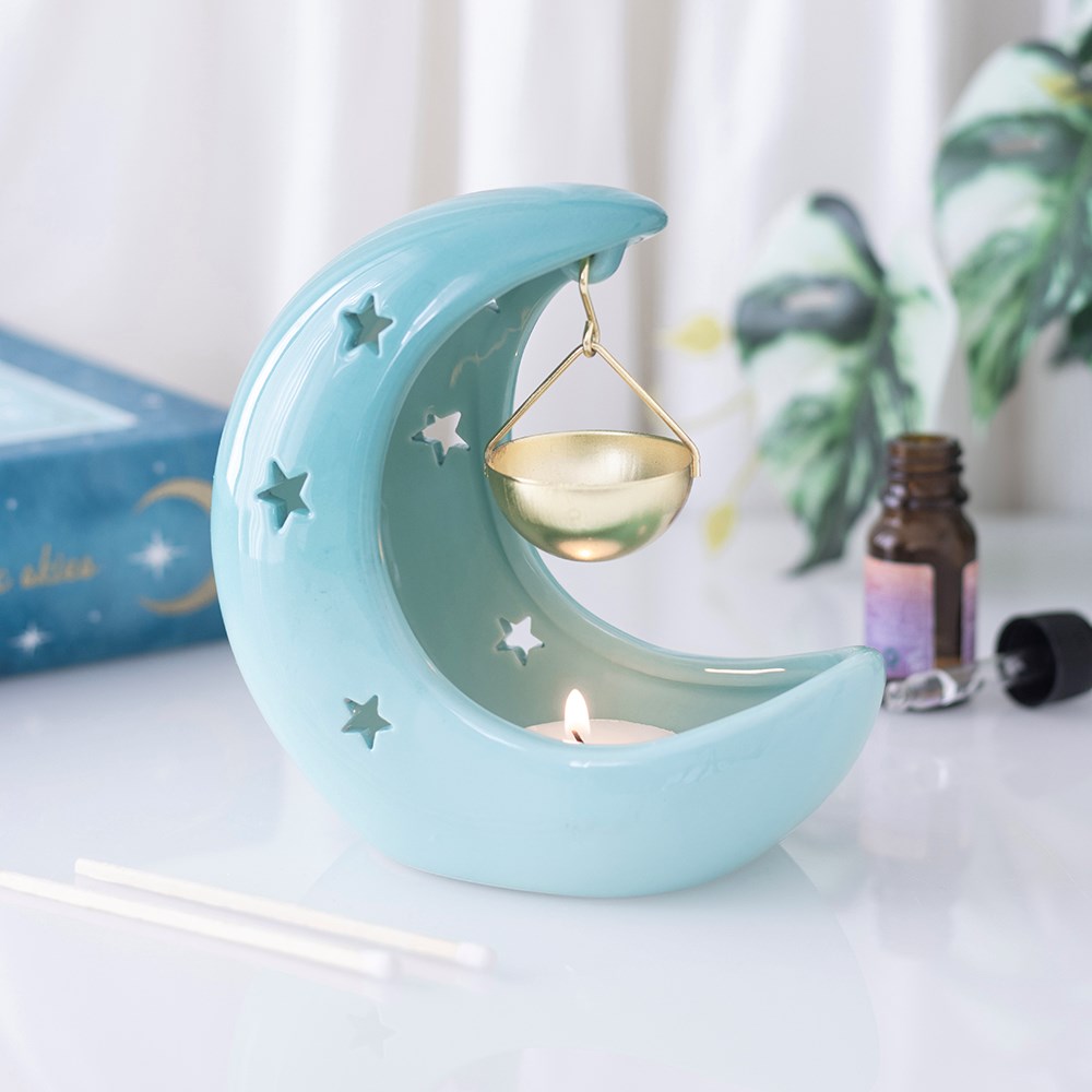 Blue Pastel Crescent Moon Hanging Ceramic Oil Burn