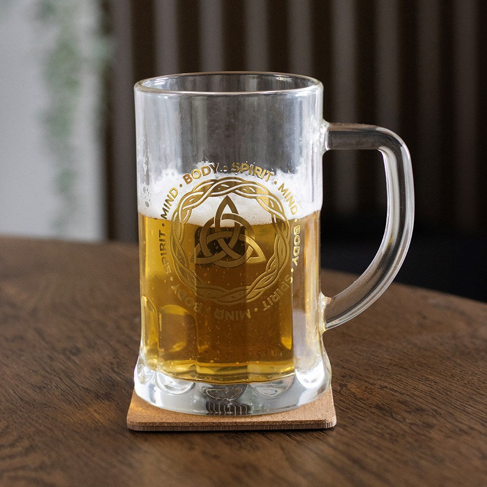 Celtic Triquetra Knot Glass Beer Tankard with Cork