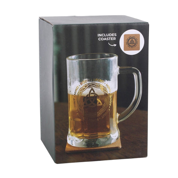Celtic Triquetra Knot Glass Beer Tankard with Cork