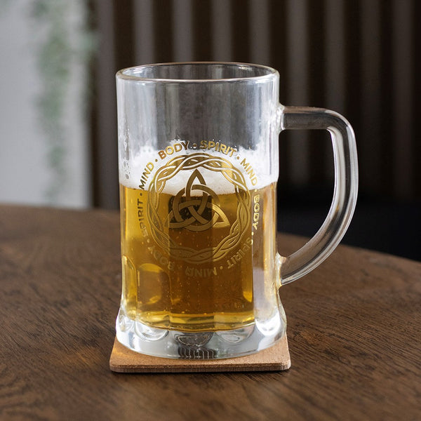 Celtic Triquetra Knot Glass Beer Tankard with Cork
