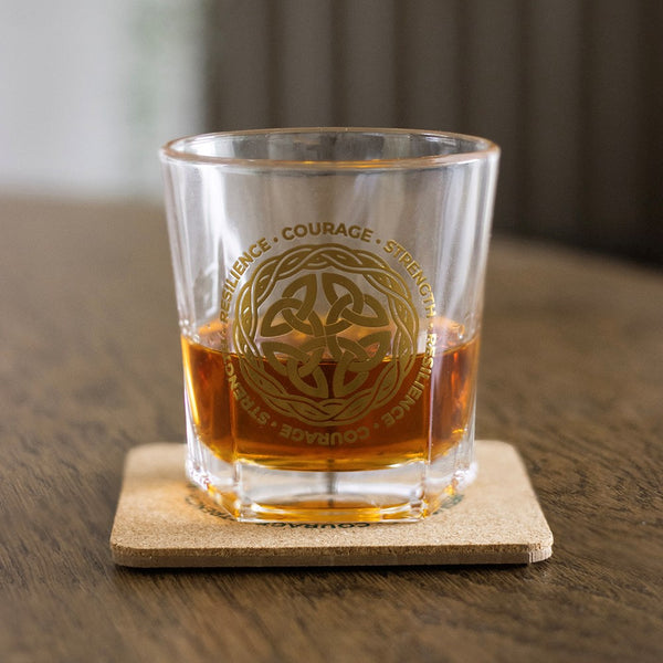 Celtic Shield Knot Lowball Glass with Cork Coaster