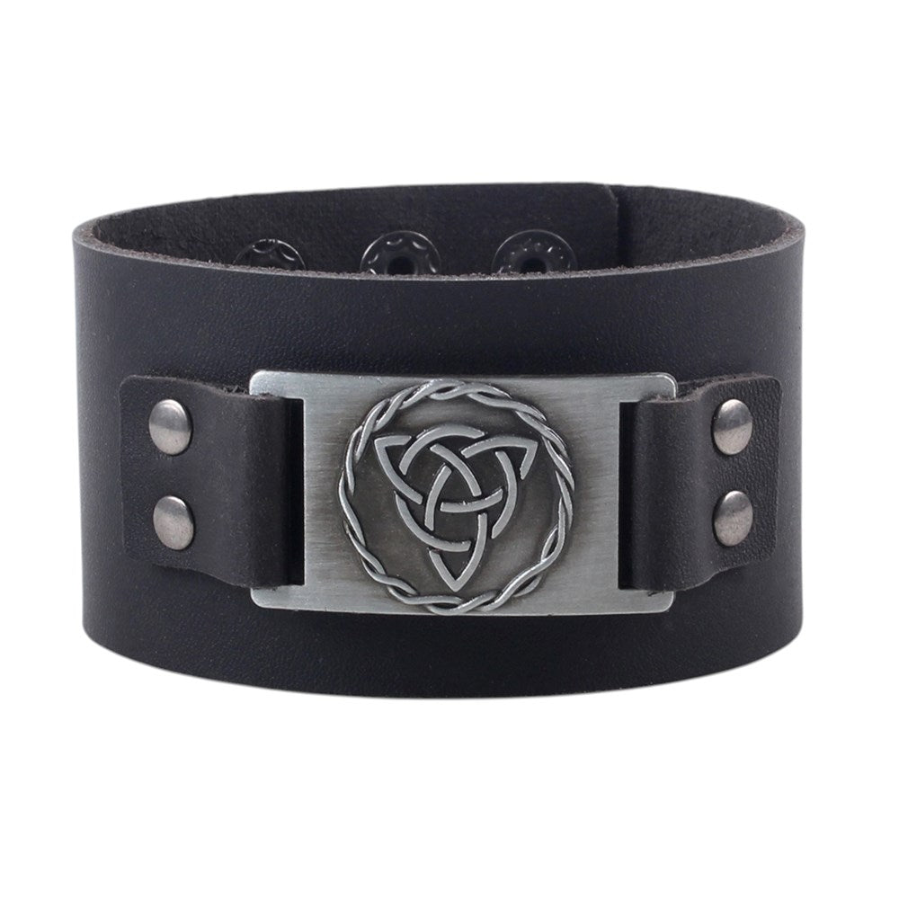 Black Celtic Triquetra Knot Leather Cuff Bracelet