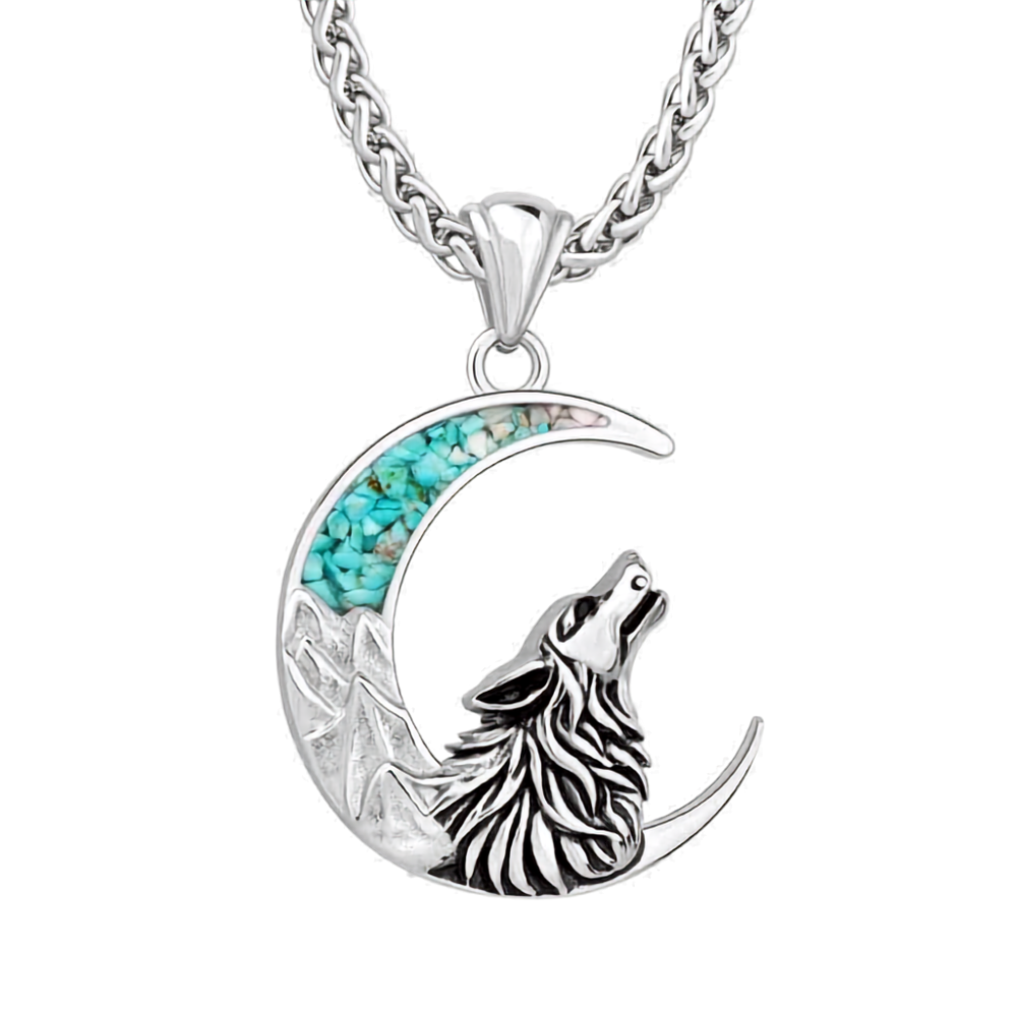 Stainless Steel Wolf Necklace - Turquoise