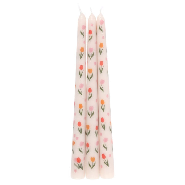 Set Of 3 Tulip Print Taper Candles
