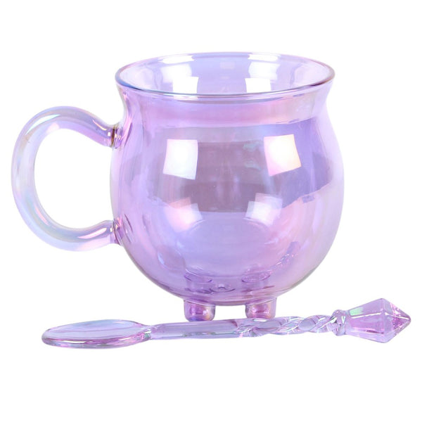 Purple Double Walled Glass Cauldron Mug With Spoon
