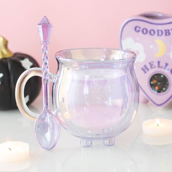 Purple Double Walled Glass Cauldron Mug With Spoon